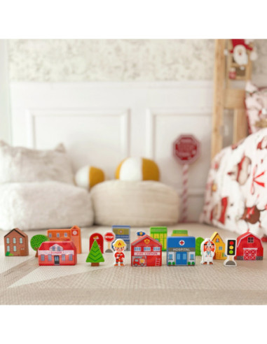 TOOKY TOY Drewniany Zestaw Budynków i Figurek Miasto Policja Szpital Remiza Policjant Doktor Strażak