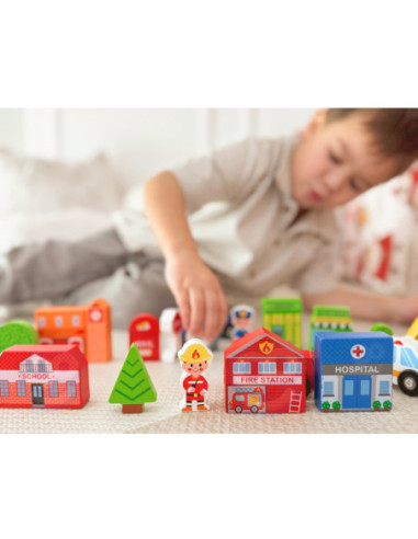 TOOKY TOY Drewniany Zestaw Budynków i Figurek Miasto Policja Szpital Remiza Policjant Doktor Strażak