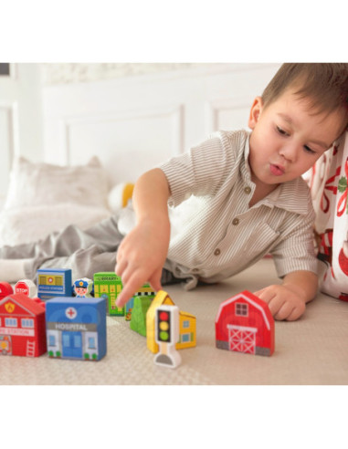 TOOKY TOY Drewniany Zestaw Budynków i Figurek Miasto Policja Szpital Remiza Policjant Doktor Strażak