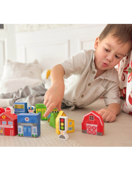 TOOKY TOY Drewniany Zestaw Budynków i Figurek Miasto Policja Szpital Remiza Policjant Doktor Strażak