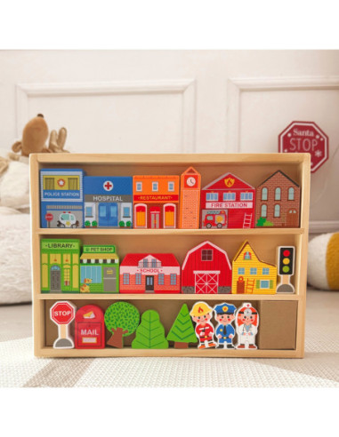 TOOKY TOY Drewniany Zestaw Budynków i Figurek Miasto Policja Szpital Remiza Policjant Doktor Strażak