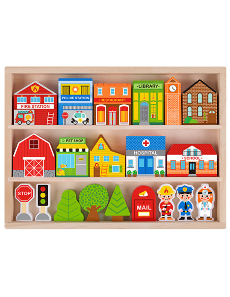 TOOKY TOY Drewniany Zestaw Budynków i Figurek Miasto Policja Szpital Remiza Policjant Doktor Strażak