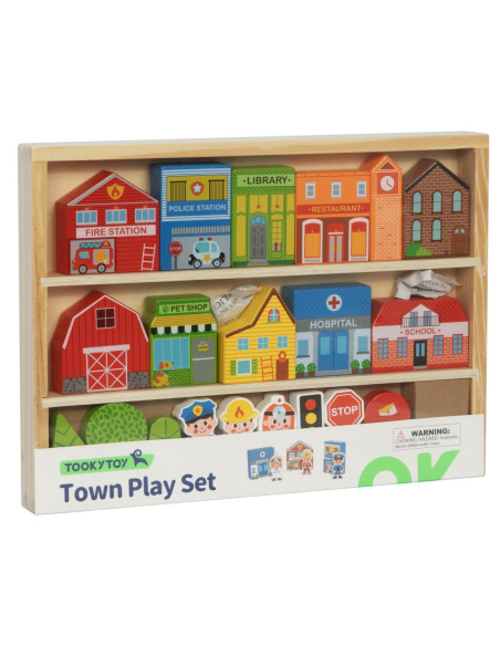 TOOKY TOY Drewniany Zestaw Budynków i Figurek Miasto Policja Szpital Remiza Policjant Doktor Strażak