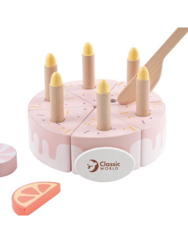 CLASSIC WORLD Drewniany Tort Urodzinowy do Krojenia Świeczki Owoce 16 el.