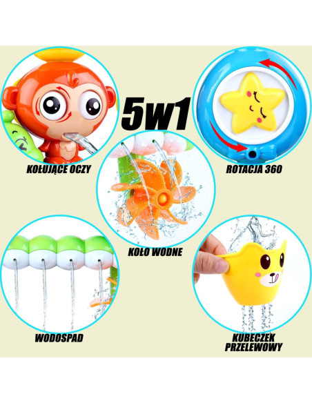 WOOPIE Małpka Zabawka Wodna do Kąpieli Gąsienica Gwiazdka Kołowrotek Przelewowa + Kubeczek