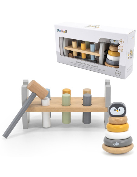 VIGA PolarB Zestaw Drewniana Piramidka + Przebijanka z Młoteczkiem Pingwinek Montessori