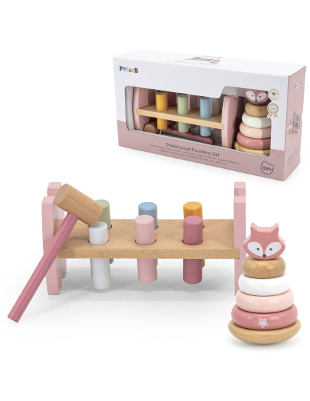 VIGA PolarB Zestaw Drewniana Piramidka + Przebijanka z Młoteczkiem Lisek Montessori