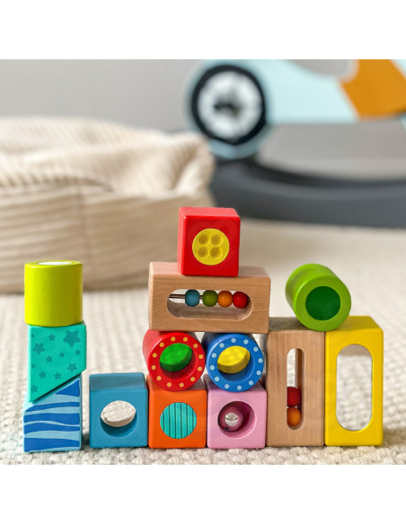 TOOKY TOY Drewniane Pudełko Klocki Sensoryczne Układanka Multifunkcyjna Kształty Dźwięk Dotyk 12 el.