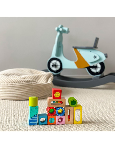 TOOKY TOY Drewniane Pudełko Klocki Sensoryczne Układanka Multifunkcyjna Kształty Dźwięk Dotyk 12 el.