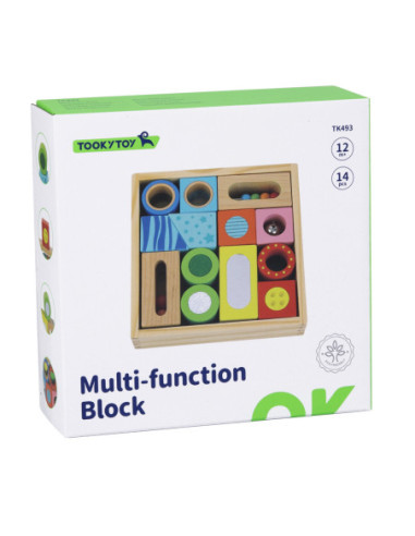 TOOKY TOY Drewniane Pudełko Klocki Sensoryczne Układanka Multifunkcyjna Kształty Dźwięk Dotyk 12 el.