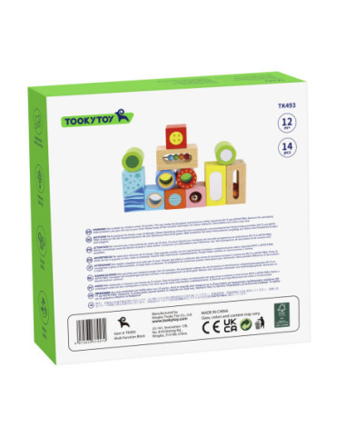 TOOKY TOY Drewniane Pudełko Klocki Sensoryczne Układanka Multifunkcyjna Kształty Dźwięk Dotyk 12 el.