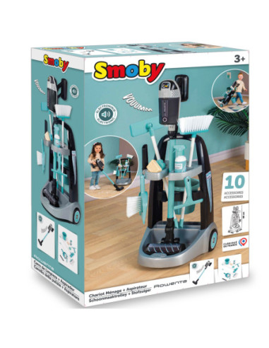 Smoby - Wózek do sprzątania z odkurzaczem Rowenta z dźwiękiem + 10 akcesoriów