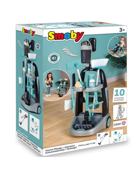Smoby - Wózek do sprzątania z odkurzaczem Rowenta z dźwiękiem + 10 akcesoriów