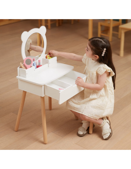 VIGA Duża Toaletka Drewniana Biała z Lustrem i Krzesełkiem