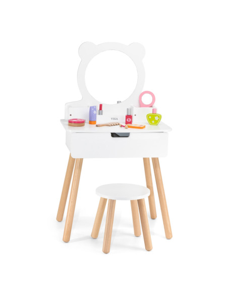 VIGA Duża Toaletka Drewniana Biała z Lustrem i Krzesełkiem