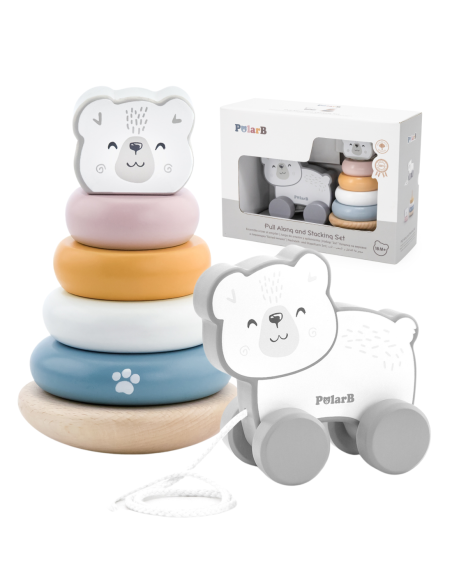 VIGA PolarB Zestaw Miś Polarny Drewniana Piramidka + Miś Polarny do Ciągnięcia