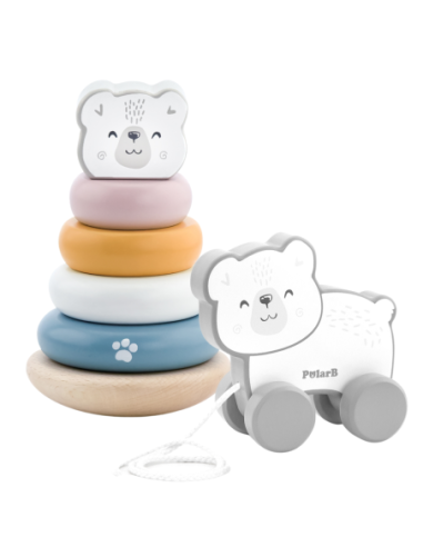 VIGA PolarB Zestaw Miś Polarny Drewniana Piramidka + Miś Polarny do Ciągnięcia