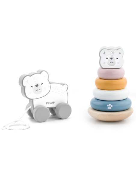 VIGA PolarB Zestaw Miś Polarny Drewniana Piramidka + Miś Polarny do Ciągnięcia