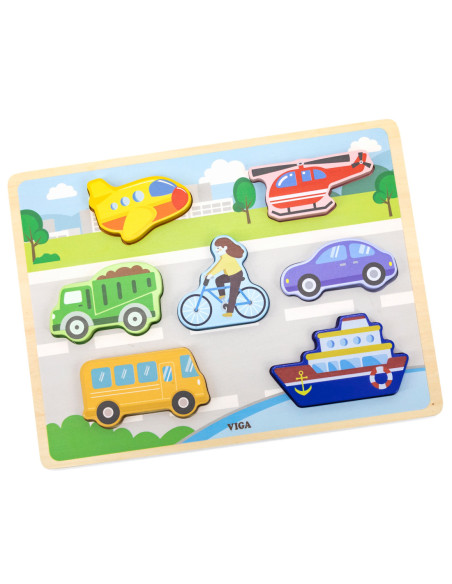 VIGA Drewniane Puzzle Układanka Montessori 2w1 Figurki Pojazdy