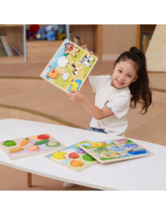 VIGA Drewniane Puzzle Układanka Montessori 2w1 Figurki Pojazdy 2