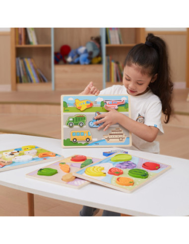 VIGA Drewniane Puzzle Układanka Montessori 2w1 Figurki Pojazdy
