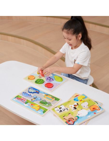 VIGA Drewniane Puzzle Układanka Montessori 2w1 Figurki Pojazdy