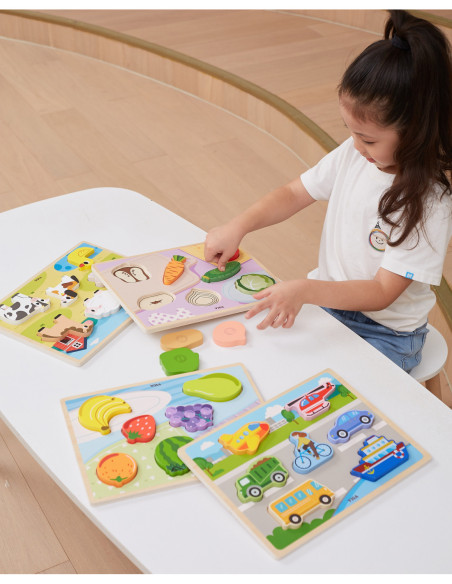 VIGA Drewniane Puzzle Układanka Montessori 2w1 Figurki Pojazdy