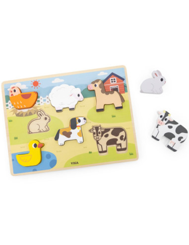 VIGA Drewniane Puzzle Układanka Montessori 2w1 Figurki Farma