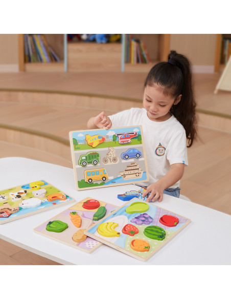 VIGA Drewniane Puzzle Układanka Montessori 2w1 Figurki Owoce