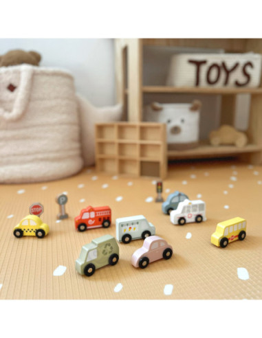 TOOKY TOY Zestaw Drewnaych Pojazdów i Znaków Drogowych w Pudełku