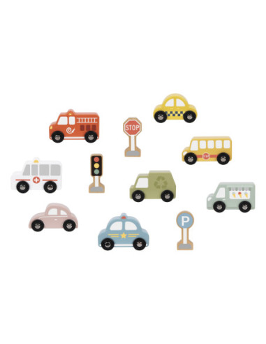 TOOKY TOY Zestaw Drewnaych Pojazdów i Znaków Drogowych w Pudełku