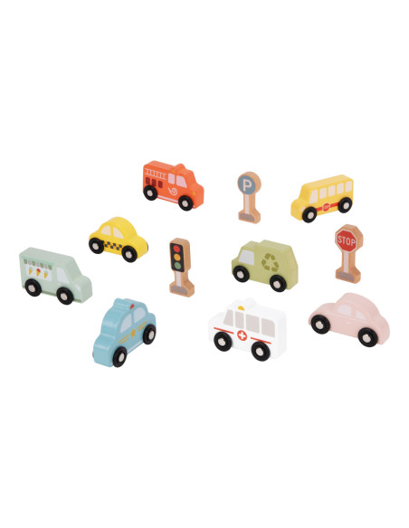 TOOKY TOY Zestaw Drewnaych Pojazdów i Znaków Drogowych w Pudełku
