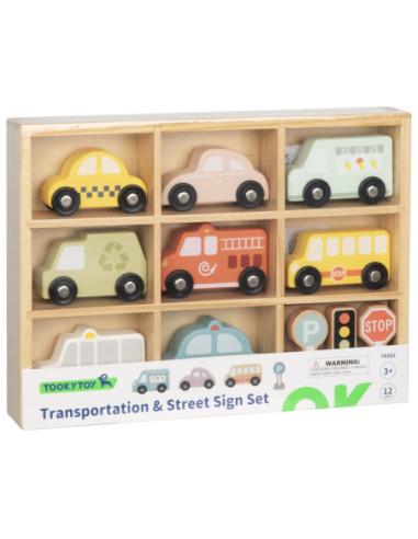 TOOKY TOY Zestaw Drewnaych Pojazdów i Znaków Drogowych w Pudełku