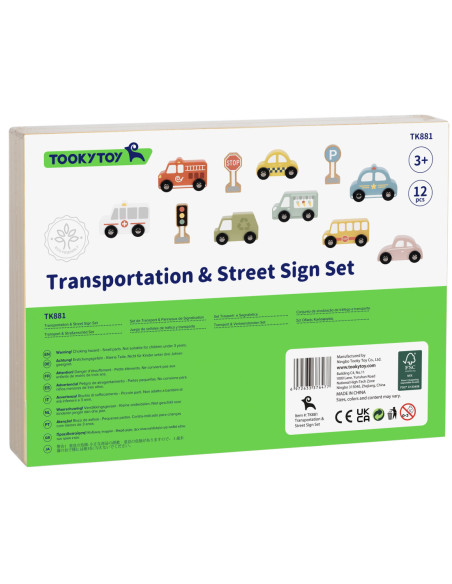 TOOKY TOY Zestaw Drewnaych Pojazdów i Znaków Drogowych w Pudełku