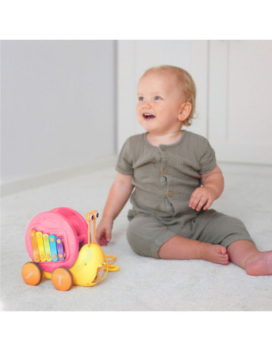 WOOPIE Ślimak do Ciągnięcia 4w1 Cymbałki Zębatki Sensoryczne Wyrzutnia + Małe Autko