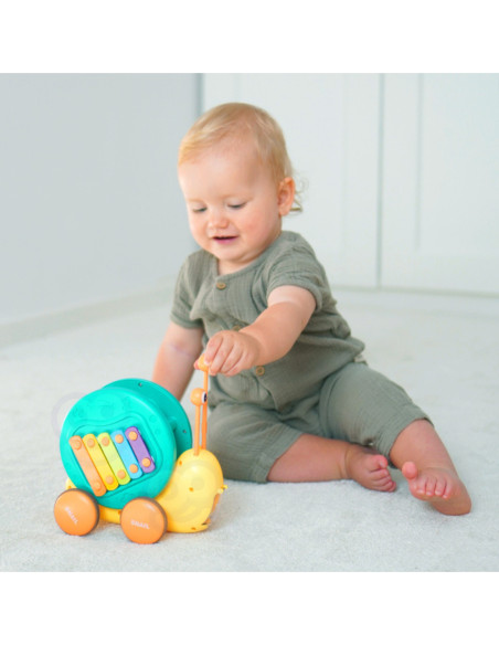 WOOPIE Ślimak do Ciągnięcia 4w1 Cymbałki Zębatki Sensoryczne Wyrzutnia + Małe Autko