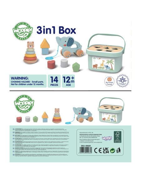 WOOPIE GREEN Pudełko Sorter Box 3w1 Klocki Piramidka Słonik