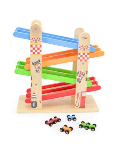 VIGA Drewniana Podwójna Zjeżdżalnia Dla Samochodzików Tor Wyścigowy