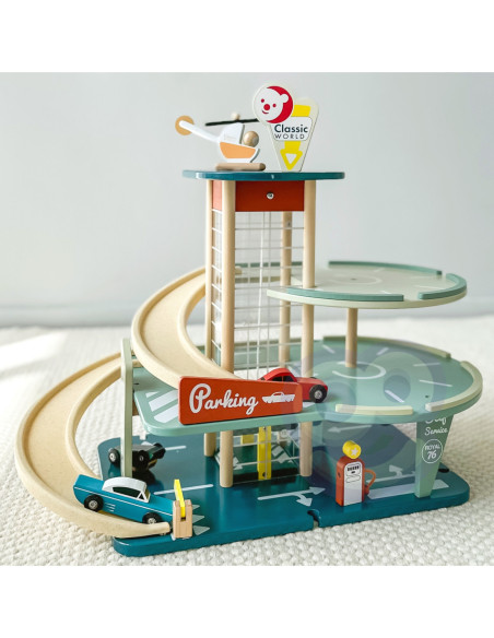 CLASSIC WORLD Wielopoziomowy Parking Auta Helikopter Dystybutor Myjnia + Akc.