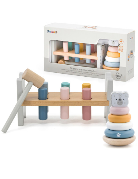 VIGA PolarB Zestaw Drewniana Piramidka + Przebijanka z Młoteczkiem Miś Polarny Montessori