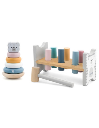 VIGA PolarB Zestaw Drewniana Piramidka + Przebijanka z Młoteczkiem Miś Polarny Montessori