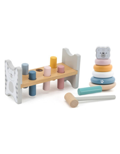 VIGA PolarB Zestaw Drewniana Piramidka + Przebijanka z Młoteczkiem Miś Polarny Montessori