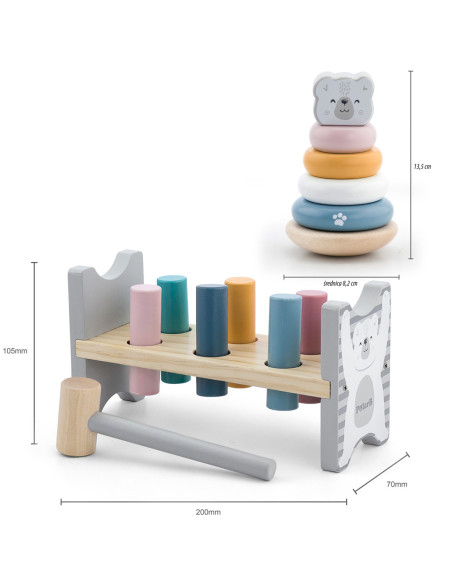VIGA PolarB Zestaw Drewniana Piramidka + Przebijanka z Młoteczkiem Miś Polarny Montessori