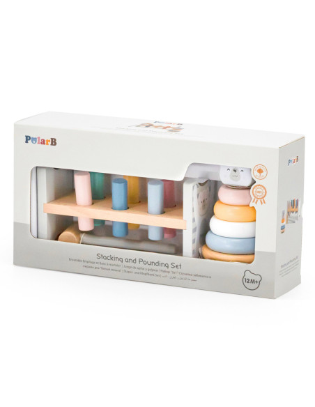 VIGA PolarB Zestaw Drewniana Piramidka + Przebijanka z Młoteczkiem Miś Polarny Montessori