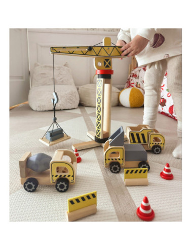 WOOPIE GREEN Drewniany Plac Budowy 5w1 Ruchomy Dźwig XXL Pojazdy Budowlane 13 el.