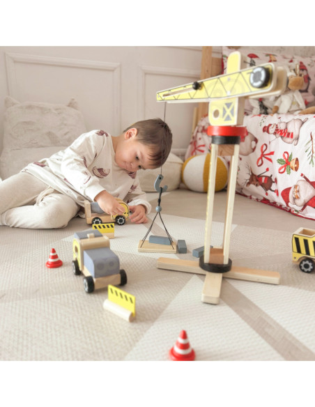 WOOPIE GREEN Drewniany Plac Budowy 5w1 Ruchomy Dźwig XXL Pojazdy Budowlane 13 el.