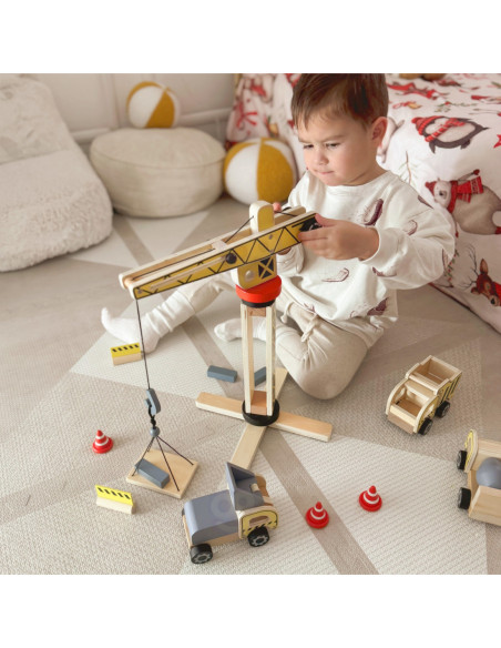 WOOPIE GREEN Drewniany Plac Budowy 5w1 Ruchomy Dźwig XXL Pojazdy Budowlane 13 el.