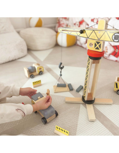 WOOPIE GREEN Drewniany Plac Budowy 5w1 Ruchomy Dźwig XXL Pojazdy Budowlane 13 el.