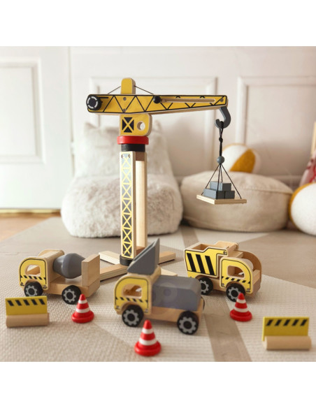 WOOPIE GREEN Drewniany Plac Budowy 5w1 Ruchomy Dźwig XXL Pojazdy Budowlane 13 el.