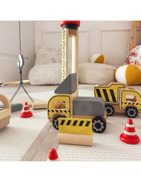 WOOPIE GREEN Drewniany Plac Budowy 5w1 Ruchomy Dźwig XXL Pojazdy Budowlane 13 el.